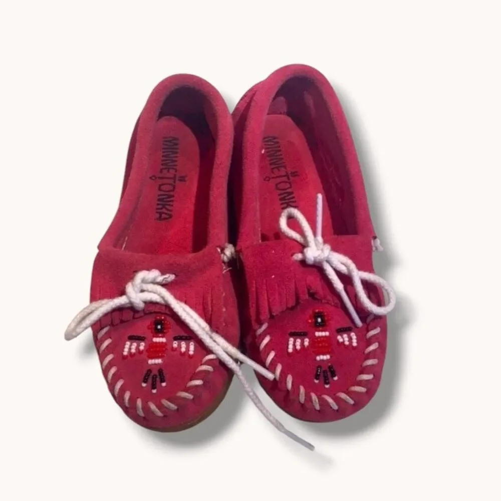 Minnetonka Thunderbird Pink Suede Beaded Moccasins Kids Size 11